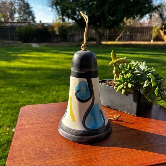 MCM Vintage Pacific Stoneware Bell Wind Chime Ceramic Handpainted Blue & Yellow - Picture 3 of 4